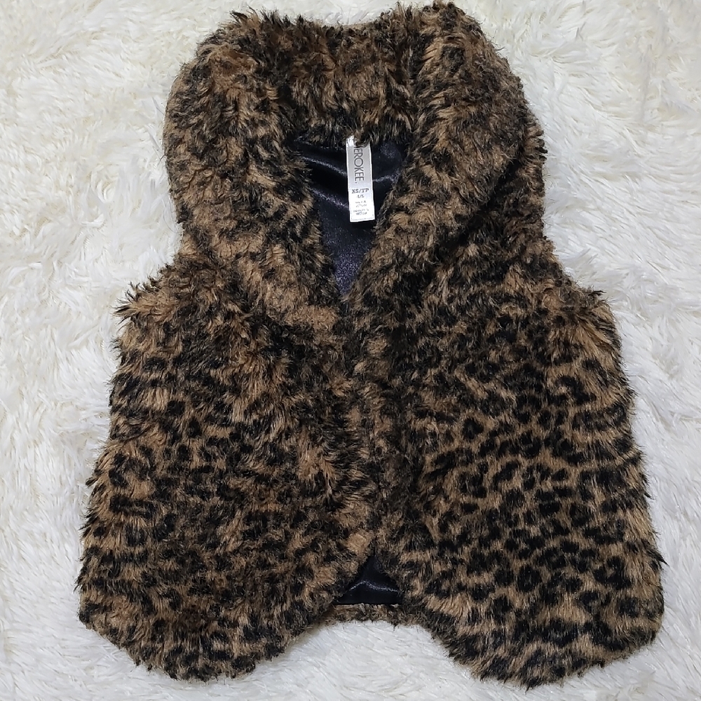 CHEROKEE Girls Faux Fur Animal Print‎ Vest - Size XS 4/5